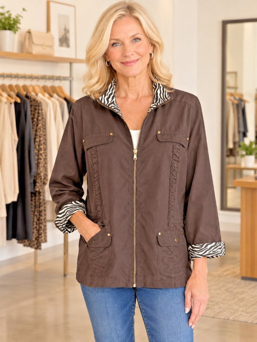Zenergy Jacket Chico's Size 2 L 12 Brown Zebra Accents Zip Tab Sleeves Pockets